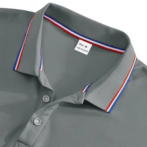 Detail showing the ribbed collar and striped trim of a grey quick-dry mesh Polo shirt.