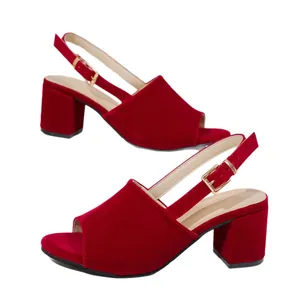 Elegant red suede block heel sandals with open toe and adjustable slingback strap