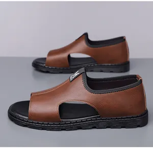 Detailed side view of men's brown breathable Roman sandals with soft non-slip soles.