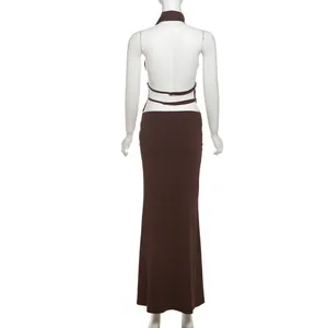 Back view of a brown halter backless slim-fit maxi skirt set on a white mannequin
