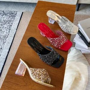 Pantofole da Donna a Punta Quadrata Tacco Largo in Cristallo Trasparente Strass Sandali Estivi Oro Argento Rosso Nero Ciabatte