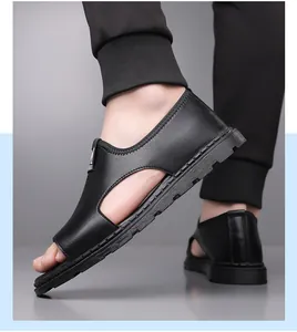 Side view of black leather Roman style sandals for men featuring a non-slip soft sole