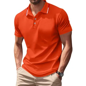 Orange quick-dry breathable mesh polo shirt for men featuring contrast collar stripes