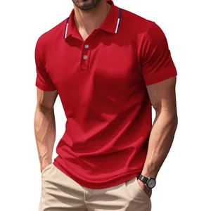 Classic red quick-dry mesh polo shirt for men with stylish striped collar design