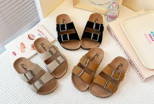 Juego de sandalias de ante para niños en negro, beige y canela con doble hebilla