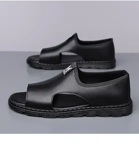 Detailed side view of men's black breathable Roman sandals with soft non-slip sole