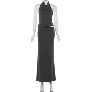Sexy backless halter neck top and slim fit long maxi skirt set in solid charcoal gray