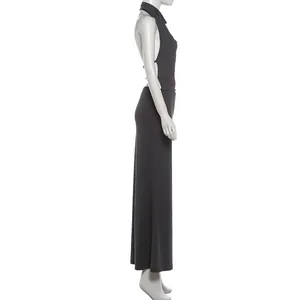 Sexy dark grey halter backless top and slim-fit long skirt two-piece set for women