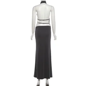 Detailed back view of a sexy black halter backless top and slim long skirt set