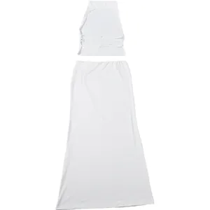 Sexy white two-piece set with halter neck open back crop top and slim fit maxi skirt