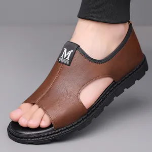 Stylish men's brown leather Roman sandals with breathable hollow design and soft sole