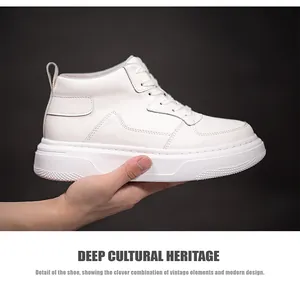 Detailed side profile view of a stylish white mid-top sneaker with a thick platform sole.