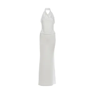 Elegant white two-piece set featuring a halter neck backless top and slim maxi skirt