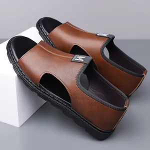 Men's brown leather Roman sandals with breathable hollow design and soft non-slip sole