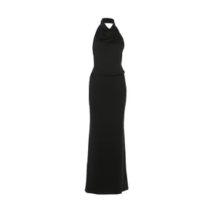Elegant black halter neck crop top and bodycon floor-length maxi skirt set detail view