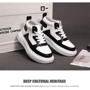 High-detail view of black and white mid-top platform sneakers with 6cm chunky sole.