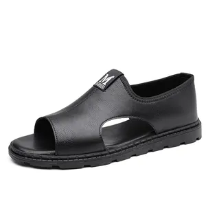 Men's black leather Roman sandals featuring breathable cut-outs and a non-slip soft sole.