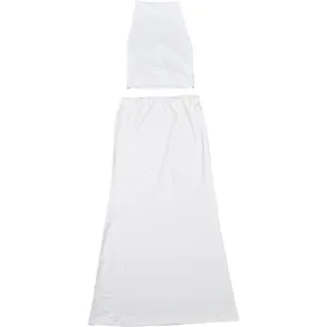 Two-piece white clothing set featuring halter neck top and long slim maxi skirt flat lay