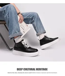 Close-up of stylish black mid-top sneakers featuring thick white soles and hidden heel.