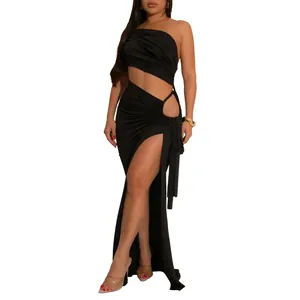Robe longue noire sexy à une épaule avec découpe et fente haute moulante