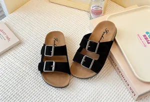Zapatillas vintage de ante negro para niñas con hebillas dobles y suela de corcho