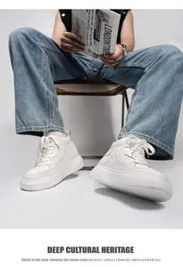 Detail view of stylish men's 6cm platform white sneakers in a modern lifestyle setting