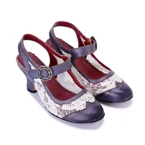 Escarpins vintage en cuir fait main avec dentelle et petits talons confortables