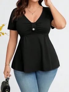 Top Peplum Taglie Forti Donna Scollo a V Decorazione con Bottoni Manica Corta Tinta Unita Peplum T-Shirt Slim Fit Elegante Camicetta Estiva