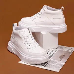 Men's high-top white sneakers with thick 6cm height-increasing sole for casual wear