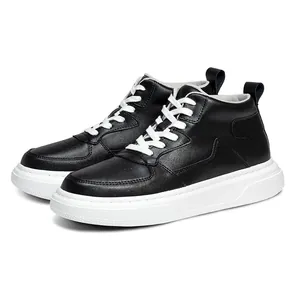 Men's black mid-top casual board shoes with 6cm thick white soles and white laces