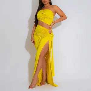 Robe longue bustier jaune sexy avec fente haute et drapé pour les soirées d'été