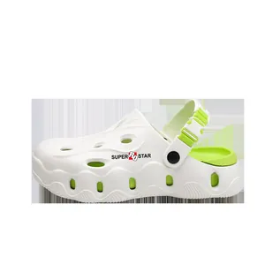 Close-up detail of white and lime green perforated clogs for men's beach footwear