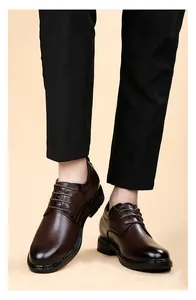 Detail view of brown genuine leather dress shoes for men with 8cm height increase