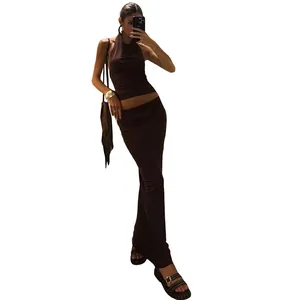 Sexy brown halter neck backless camisole and slim solid color maxi skirt set for women