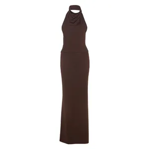 Sexy dark brown halter neck backless camisole top and matching long skirt set for women