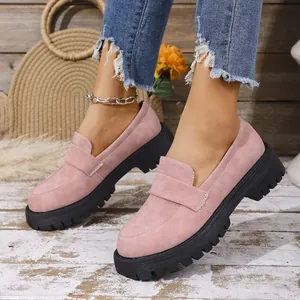 Women's Retro Fashion Platform Loafers Chunky Heel Slip-on Casual Single Shoes 2025 Autumn PU Low Top Solid Color Footwear