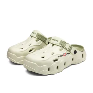 Breathable men's summer clogs with outdoor beach design, off-white body and olive green straps