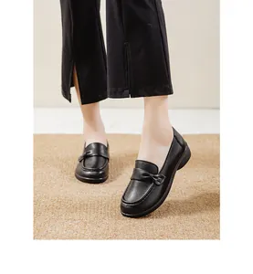 Comfortable black women's loafers with bow detail, stylish slip-on casual walking shoes