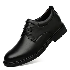 Classic black genuine leather business dress shoes for men with 8cm height increase