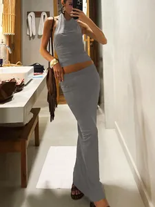 Sexy gray halter neck backless top and slim fit maxi skirt two-piece set for women