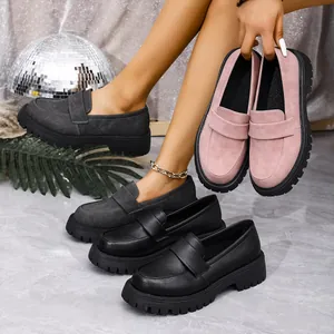 Detailed showcase of fashionable platform loafers in various colors and textures for women.