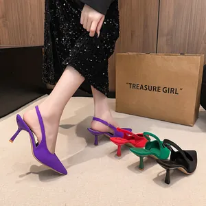 Stylish pointed toe slingback high heel pumps displayed in purple, red, green and black colors