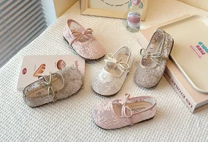 Elegant girls' lace mesh Mary Jane shoes with floral embroidery and bow details