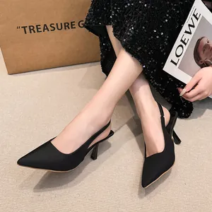 Close-up of elegant black pointed-toe slingback heels featuring a slim stiletto high heel