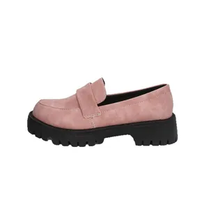 Women's pink suede platform loafers featuring thick black anti-slip sole for casual wear
