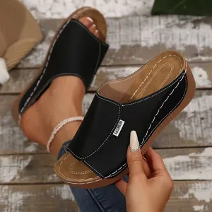 Women Summer Wedge Slippers PU Leather Open Toe Contrast Stitching Comfortable Plus Size Casual Beach Slides Shoes
