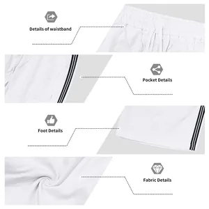 Détails du short de sport blanc pour hommes avec bandes latérales et texture du tissu.