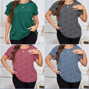 Collage showing four colors of women's dotted print blouse with chic ruffle sleeves.