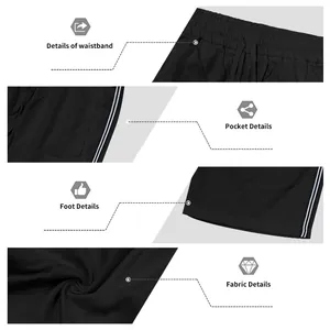 Détails en gros plan du short de sport noir pour hommes à séchage rapide avec cordon.