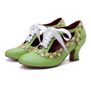 Handmade Leather Mary Jane Shoes Vintage Lace Floral Mid Heel Lace-up Pumps Pale Green Retro Fashion Footwear For Women